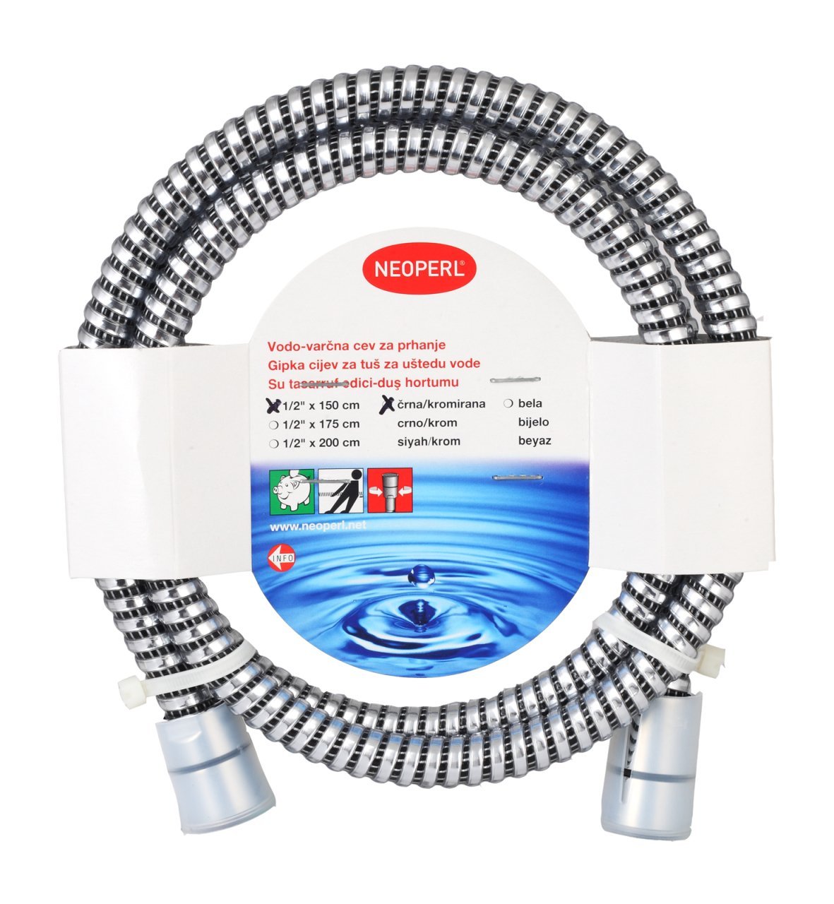 10 adet Neoperl Chromalux Spiral 12 L/dk Tasarruflu Duş Hortumu 175cm